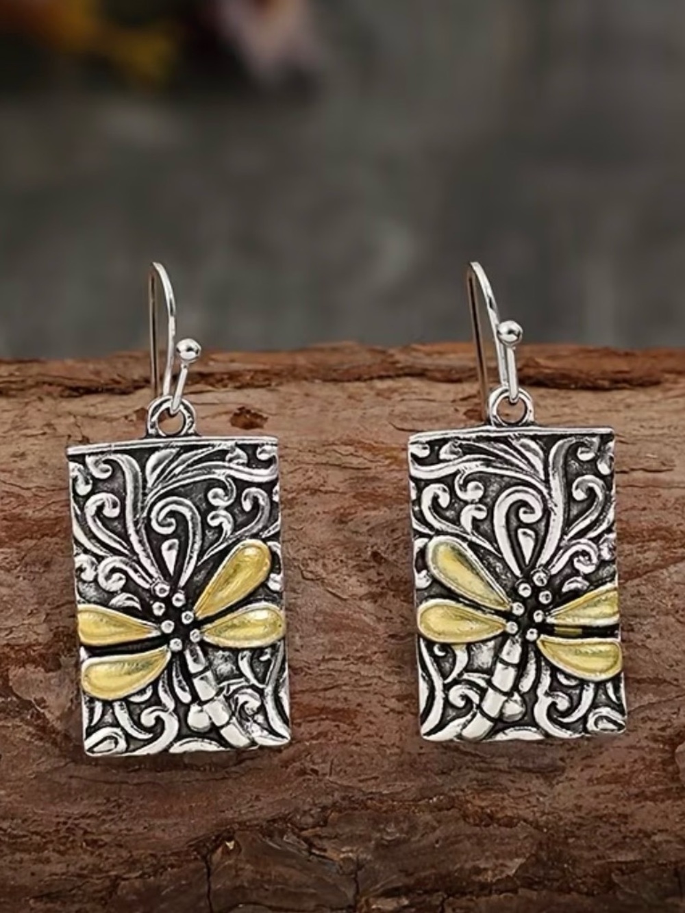 Silver & Gold Dragonfly Rectangular Drop Earrings - Women Jewelry